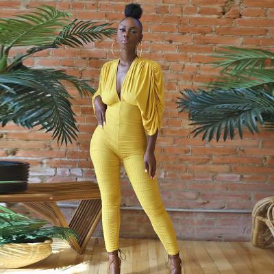 China 2021 Fashion Viable Fall Outfits Casual Pleated Yellow White Overalls Playsuit Deep V-Neck Sleeve Breathable Overalls Rompers Long Pants for sale