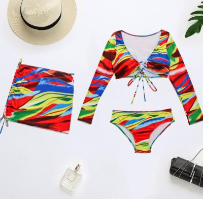 China 2021 NEW Africa Print Swimsuit Breathable CURRENT Long Sleeve Protection 3Pieces Beach Top Skirt for sale