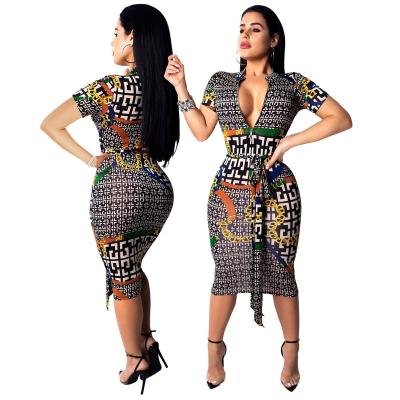 China Hotsale Anti-Static Deep V Neck Printed Bodycon Belt Dresses Colorful Printed Black Chiffon Plus Size Dresses for sale