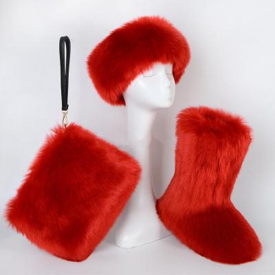 China 2021 Light Snow Boots Women Shoes Purse Sets Winter Fur Headband Ladies Faux Fur Boots Matching Fur Purse Sets Furry Boots For Women for sale