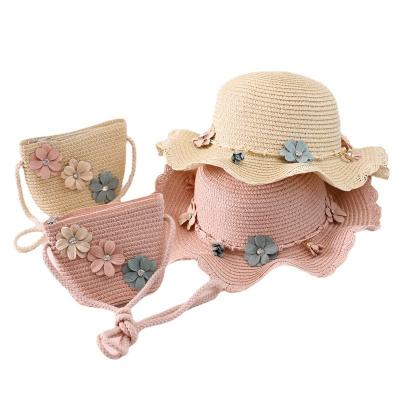 China Fashion Flower Sun Visor Kids Straw Hat Woven Summer Sun Hat Beach Hat Bag Set for sale