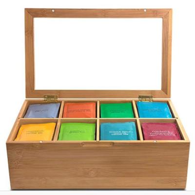 China 8-Compartment Sustainable Natural Bamboo Tea Box Multifunctional Storage Box With Flip-Open Organizer Cover Tea Storage Box for sale