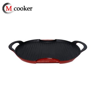 China Modern Cast Iron Grill Pan With Base Enamel Coating Wood Griddle for sale