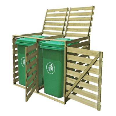 China Sustainable Wheelie Wooden Triple Bin Store Cheap Outdoor Garden Storage Unit Trash Cans for sale