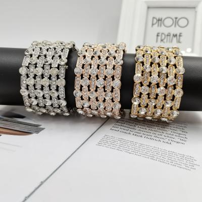 China Wholesale Hot Sale Lead Free Nickel Free Handmade Elastic Bangle Alloy Gold Plated Adjustable Ladies Rhinestone Wrist Ring Bracelet for sale