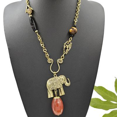 China Hot Selling Retro Fashion Tiger Eye Stone Elephant Agate Necklace Lead Free Nickel Free Natural Stone Animal Gold Plated Ladies Jewelry for sale