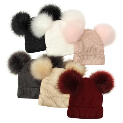 China Lovely COMMON Wholesale Double Pom Pom Kids Girls Winter Warm Knit Baby Hat Beanie for sale