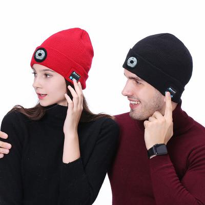 China COMMON Headlight Hat With Headphones And Built-in Speaker Mic Gifts For Women Men Women Bluetooth Beanie Hat Teen Gorros With Light for sale