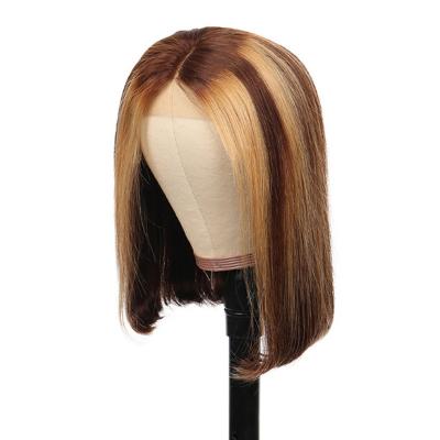 China Natural Soft Lace Front Wig Honey Brown Straight Short Bob Brazilian Virgin Hair Glueless Highlight for sale