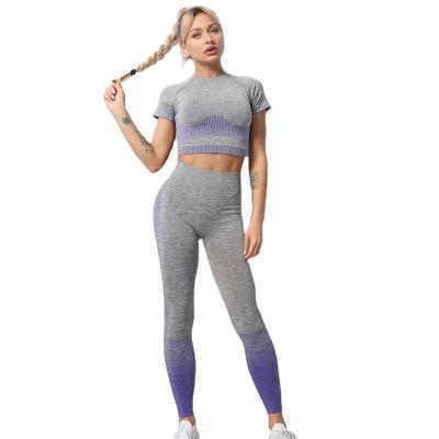 China Breathable Gym Activewear Seamless Yoga Suit 2021 New Short Knit Sleeve Hip Lift Stretch Fitness Yoga Set for sale