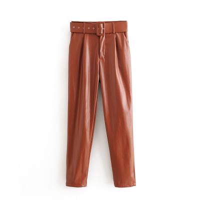 China Breathable Leather Women Pants Fashion PU Women Pants And Trousers Casual Loose High Waist Trousers With Belt for sale