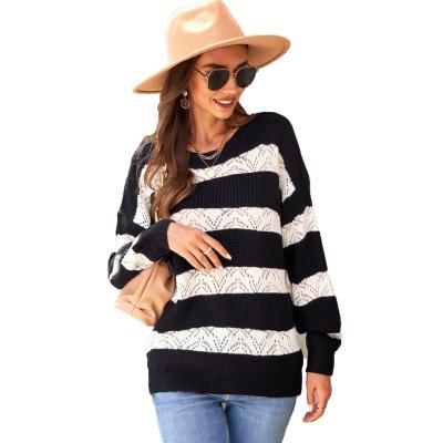 China Breathable Winter Knitted Sweater Woman Tops Hollow Contrast Color Fashionable Winter Sweaters For Ladies for sale