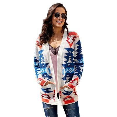 China Autumn women's breathable clothing printing fashionable full cardigan sweater with pocket women's sweater for sale