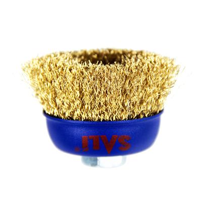 China POLISHING SALI-Brass Coated High Tensile Carbon Steel Wire Cup Brush Crimped 5inch Thickness 0.35mm for sale