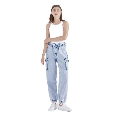 China Muti-pocket acid snow plus size wash loose waist to loosen girls blue cargo pants ladies women jeans pants for sale