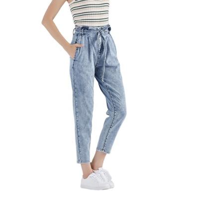 China New plus size summer design snow wash with waistband special light color lace friend ankle pleated loose jeans for lady women girl for sale