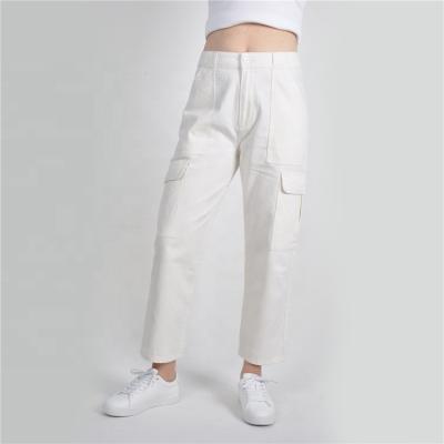 China Skin Feel Pockets Button Denim Skin Feel Cotton Friend Pants Women White Loose Lattice With Side Lace Straps for sale