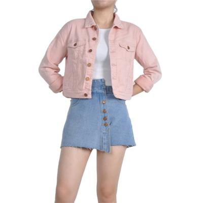 China Knit Denim Stylish Korean Pink Long Sleeve Cotton Thick Button Pockets Short Bomber Denim Vintage Cropped Women's Fashion Jacket for sale