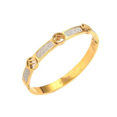 China New Collection Zircon Alphabet F Bangle Gold Enamel Titanium Steel Breakaway Bracelet Lead Free Nickel Free for sale