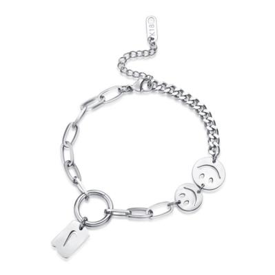 China Hip Hop Style Lead Free Nickel Free High Polished Titanium Steel Cut Square Smiley Face Charm Swoosh Charm Engraved Bracelet for sale