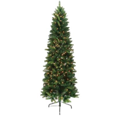 China New Design Yiwu Christmas Decoration Christamas Tree Mixed PVC and PE Thin Green Thin Hinged Artificial Christmas Tree with Warm Yellow Light for sale