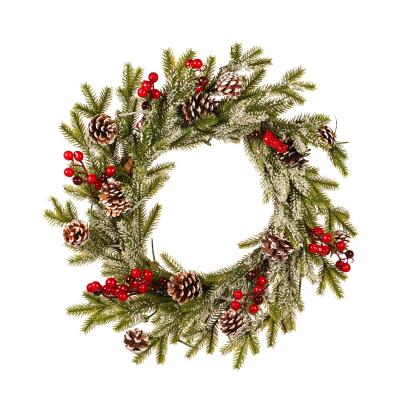 China 2021 Hot Selling Christmas Ornament Five Branch Artificial Green Wreath Spraying Pinecone and Berry Christmas Wreaths Pine Cones Red for sale