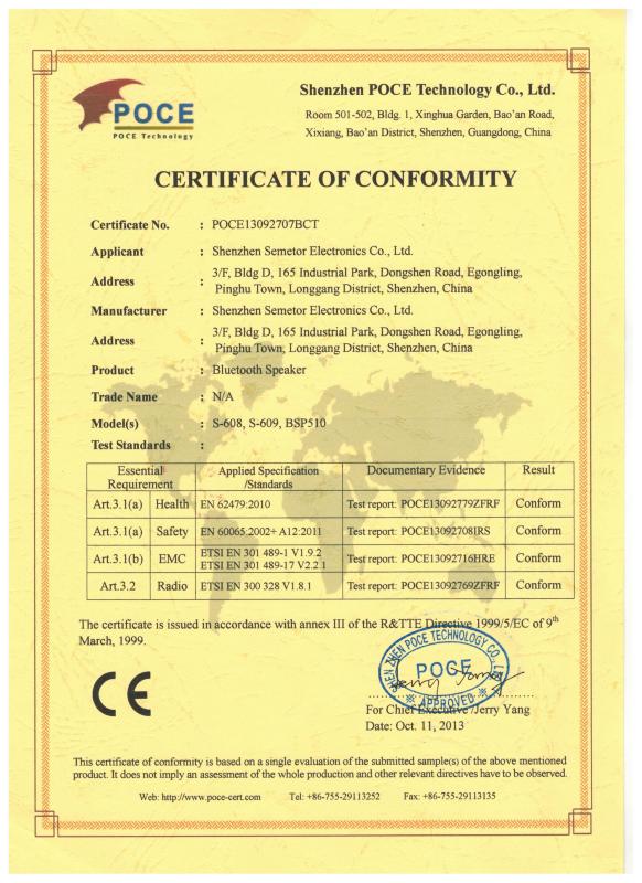 Certificate Of Conformity - PERFECT INTL FACTORIES HOLDINGS LIMITED