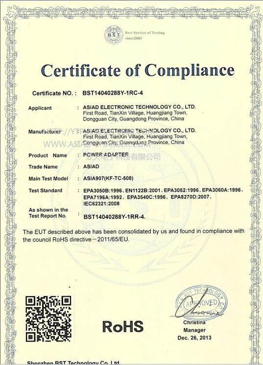 Certificate Of Conpliance - PERFECT INTL FACTORIES HOLDINGS LIMITED