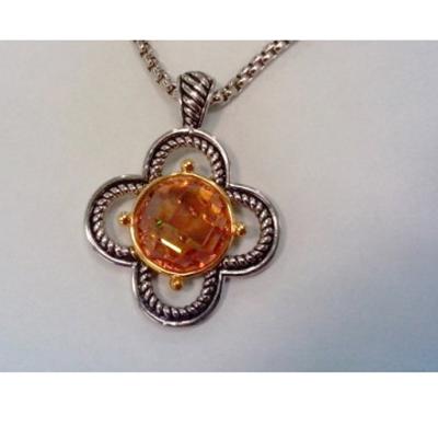 China (N-94) New Style Two Tone Silver Plated Quatrefoil Citrine Cubic Zircon Pendant Necklace for sale