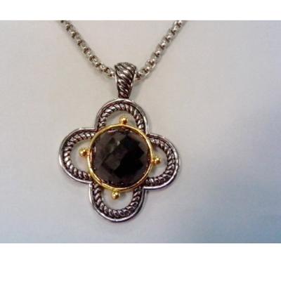 China (N-93) New Style Two Tone Silver Plated Quatrefoil Black Cubic Zircon Pendant Necklace for sale