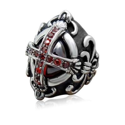 China Men's Vintage Old Silver Plated Titanium Stainless Steel Ring Red Cubic Zircon Gothic Cross(SA240) for sale