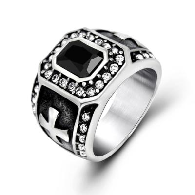 China Vintage Inlay Mens Gothic Stainless Steel Band Ring with Black Cubic Zircon（SA566BLACK） for sale