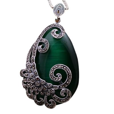 China 925 Silver Drop Shape Green Opal Marcasite Retro Pendant Necklace (N20180410GREEN) for sale