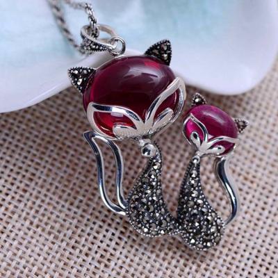 China Women Sterling Silver Marcasite Synthetic Ruby Double Fox Retro Necklace(XH057430) for sale