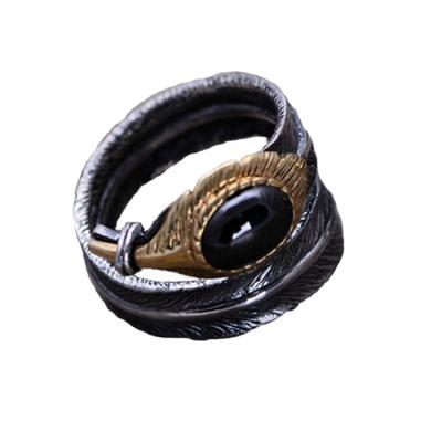 China Black Onyx Oxidized Feather 925 Sterling Silver Adjustable Ring (052639BLACK) for sale