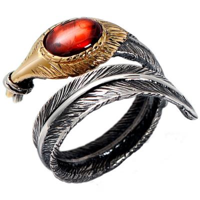 China Red Agate Oxidized Feather 925 Sterling Silver Adjustable Ring (052639RED) for sale