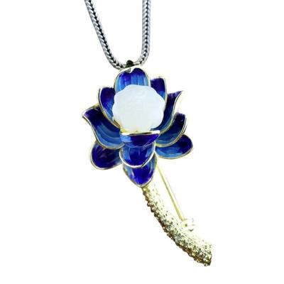 China 18K Gold Plated 925 Silver Enamel Lotus Flower Jade Pendant Necklace Brooch For Women(XZ81001) for sale