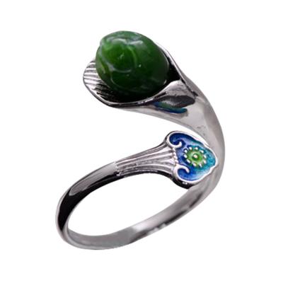 China 925 Sterling Silver Enamel Natural Jade Ring Open Adjustable Size (059850) for sale