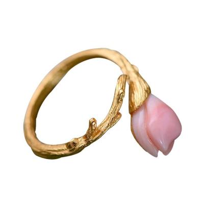 China Women Sterling Silver Natural Pink Shell Tulip Gold Plated Ring Open Adjustable Size (058736) for sale