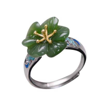 China 925 Sterling Silver Enamel Natural Jade Ring Open Adjustable Size (059613) for sale