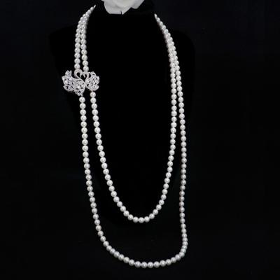 China White 8mm Shell Pearl Double Strands Sweater Necklace with Cubic Zirocnia Swan Charm (SN702143SWAN) for sale