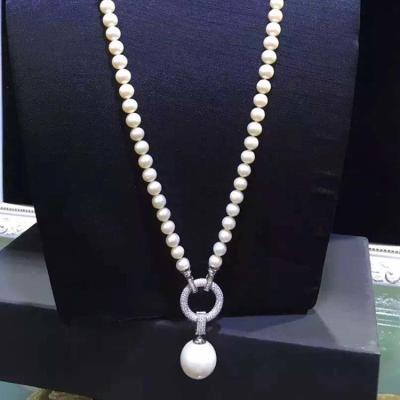 China White Shell Pearl Strands Sweater Pendant Necklace with Cubic Zirocnia Charm (SN702144) for sale