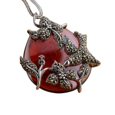 China Sterling Silver Vintage Red Agate Marcasite Charm Pendant Necklace (N808070) for sale