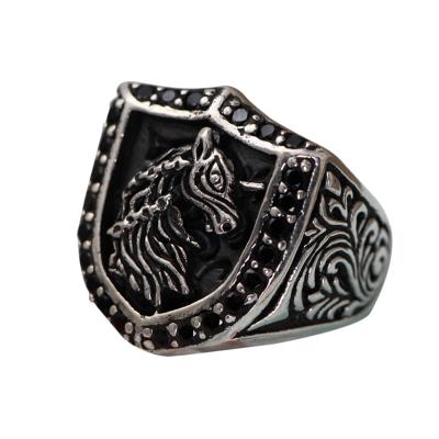 China Retro Sterling Silver Engraved Unicorn Pave Black Cubic Zircon Men Ring (043890) for sale