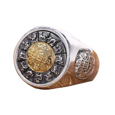 China Men Sterling Silver Brass 2 Tone Engraved Chinese Zodiac Retro 925 Silver Ring (059886G) for sale