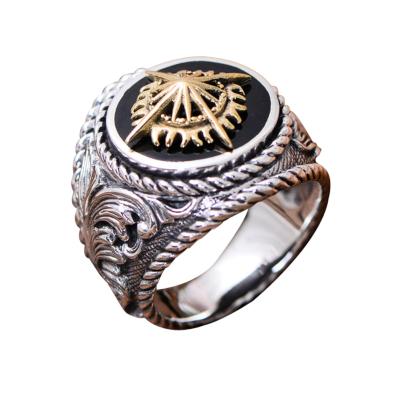 China Thai Sterling Silver Brass 2 Tone Sunlight Engraved Retro Men Ring (059186) for sale