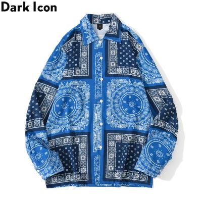 China Street Blue Men's Turn-Down Collar Men Shirt Breathable Bandana Shirt Long Sleeved Casual Shirts Man for sale