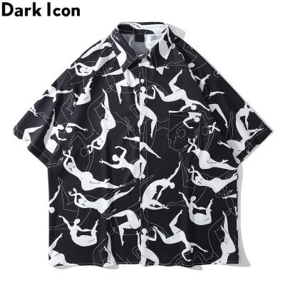 China 2021 Summer Full Oversized Men's Breathable Shirt Printed Hawaiian Shirt Black White Male Tops for sale