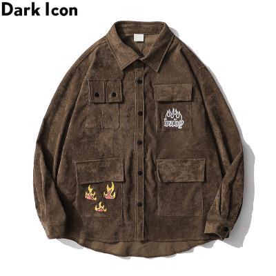 China Plus Size Pockets Cargo Corduroy Shirt Jacket Mens Autumn Outerwear Men Jacket Brown Black for sale