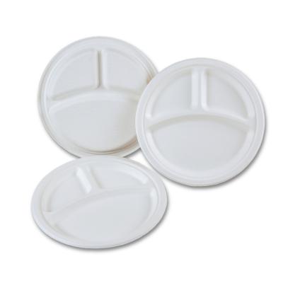 China Soak proof/Mmicrowave safe/Cut Resistant 3-Compartment Compostable Round Plates 10 Compostable Biodegradable Bagasse Sugarcane Plate For Party for sale